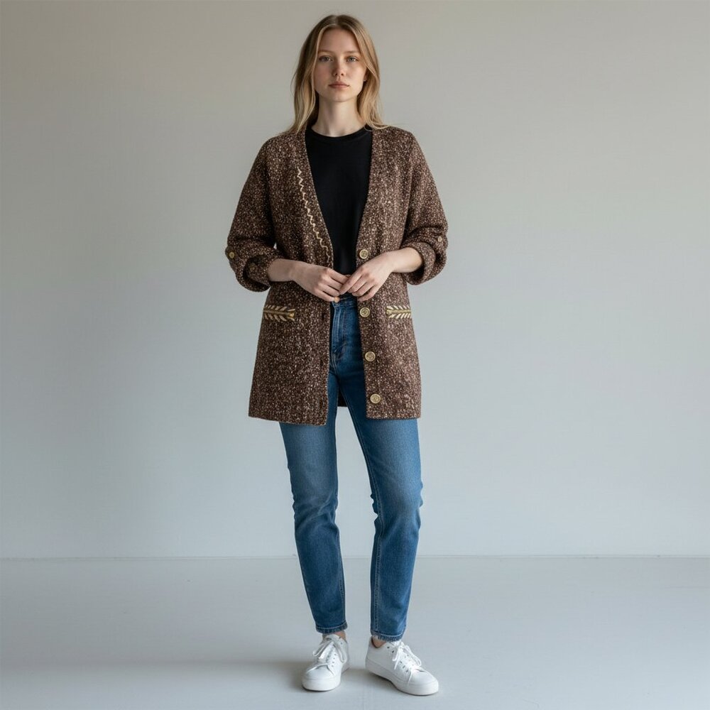 BKE Vintage 3/4 Sleeve Brown Western Cardigan Knit Salt Pepper Sweater Women's L